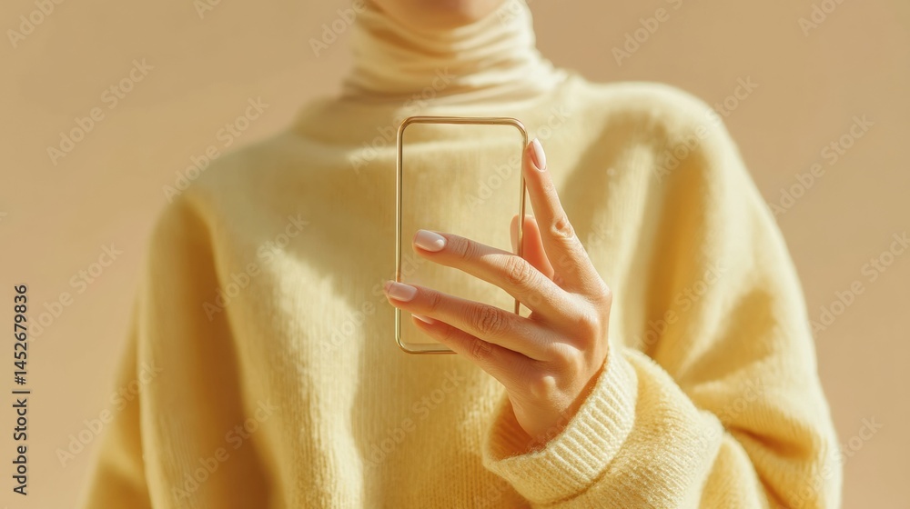 Poster soft tech minimalism ethereal yellow knitwear capturing digital lifestyle aesthetic with transparent