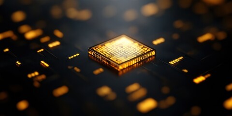 Quantum Computational Core Next-Gen AI Semiconductor Innovation Visualizing Advanced Microchip Technology with Golden Illumination for Future Digital Infrastructure