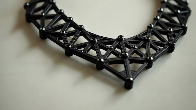 Black 3D-printed triangular-link structure resembling a conceptual necklace or engineered component.