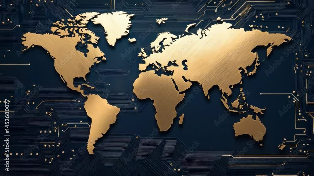 Poster golden world map design on circuit board background for technology and global connectivity themes