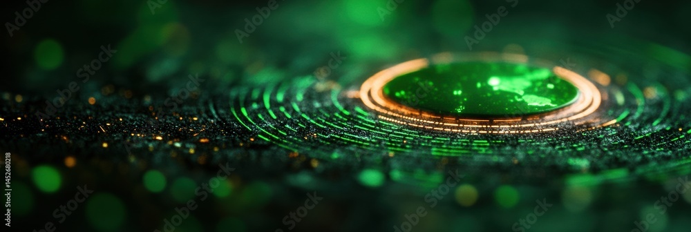 Aufkleber Immersive Green Tech Visualization Quantum Cybersecurity Network Landscape with Luminescent Circular Data Mapping - Cutting-Edge Digital Innovation Paradigm