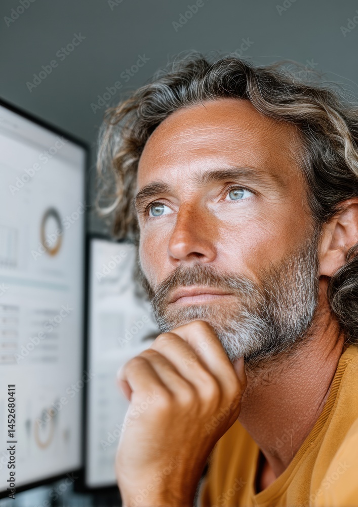 Poster Empowered Midlife Innovation Contemplative Tech Professional in Dynamic Workspace Exploring Sustainable Performance Analytics with Mindful Strategic Vision