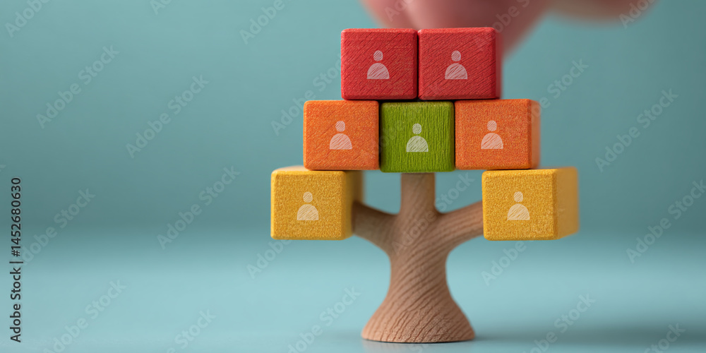 Poster colorful wooden blocks forming a tree, each block displaying a person icon, symbolizing team growth 