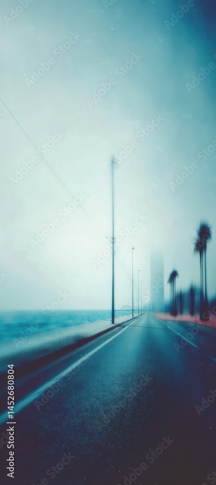 Poster Liminal Urban Dreamscape Nostalgic Post-Digital Highway Aesthetic with Retro Scan Lines - Immersive Transitional Mobility Visualization