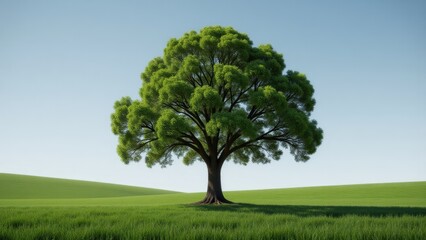 Fototapeta premium Solitary Green Tree in Meadow Under Blue Sky, Summer Landscape, Tranquil Scenery