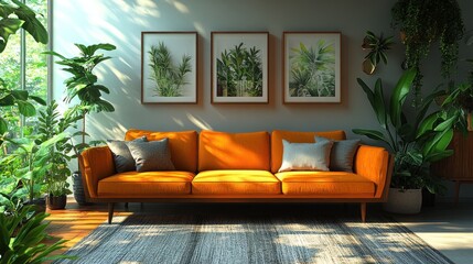 Orange sofa in a living room with plants and framed botanical prints.