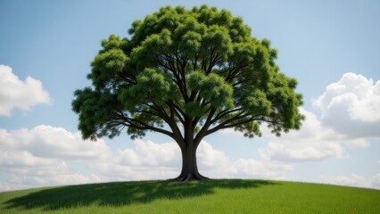 Obraz premium Majestic Oak Tree Standing Tall on Green Hill Under Blue Sky