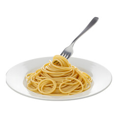 Spaghetti dish with fork twirling pasta, set on a white plate