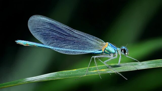 Elegant blue dragonfly perched on a vibrant green leaf with intricate wing patterns, close-up of a delicate insect in its natural habitat.