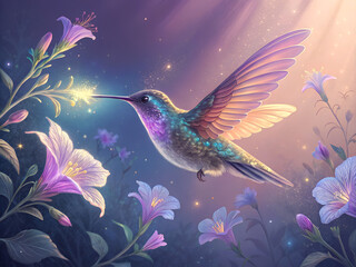 Enchanting Hummingbird in a Magical Floral Garden