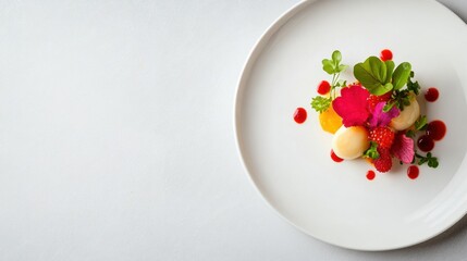 Minimalist Gourmet Art Vibrant Deconstructed Dessert Plating Showcasing Culinary Innovation, Seasonal Freshness and Contemporary Fine Dining Aesthetics