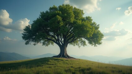 Obraz premium Majestic Oak Tree on Hilltop: Serene Landscape, Nature Beauty, Sunny Day, Green Grass, Blue Sky, Cloudscape, Tranquil Scene