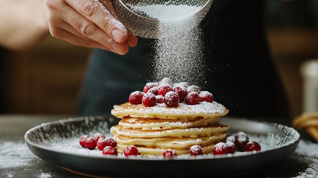 Chef Sprinkling sugar powder on tasty pancake, slow motion. Flour being sieved onto pancakes. 