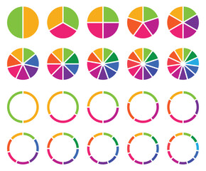 Pie chart set, Circle icons for infographic. Circle sectiomn graph. Colorful diagram collection with 2,3,4,5,6,7,8,9,10 sections and steps. Circle pie chart diagram.