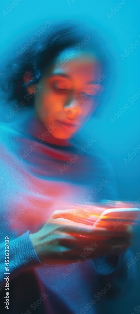 Poster digital burnout visualization blurred millennial smartphone interaction in cyberpunk aesthetics - hy