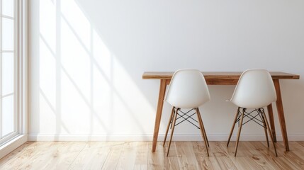 Scandinavian wooden table with two white chairs on white background.