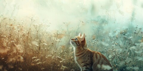 Dreamy meadow filled with abstract floral motifs and a peaceful cat gazing upward, gentle color wash and ethereal tones.