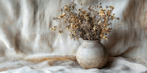 Dried bouquet in a rough ceramic vase on linen backdrop
