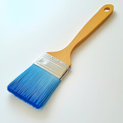 Blue paint brush with wood handle on white background