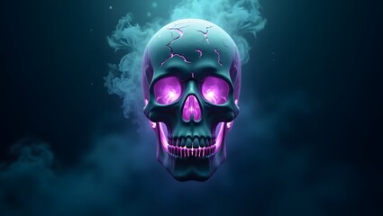 A skull with glowing purple eyes surrounded by smoke on a dark teal colored background art piece