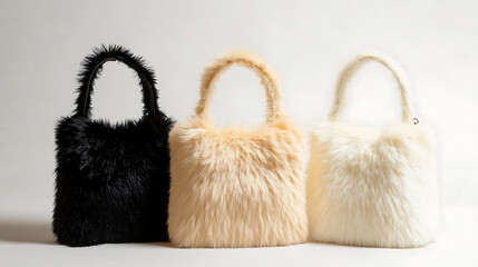 Three furry tote bags in black beige and white colors displayed against a white background studio shot