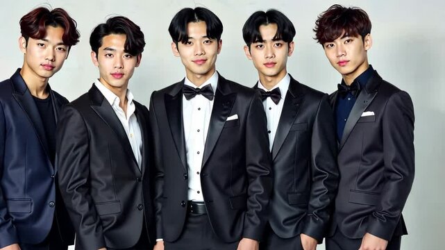 K Pop group. Asian men in black tuxedos and bow ties looking at the camera. Five Beautiful young people at the event. 