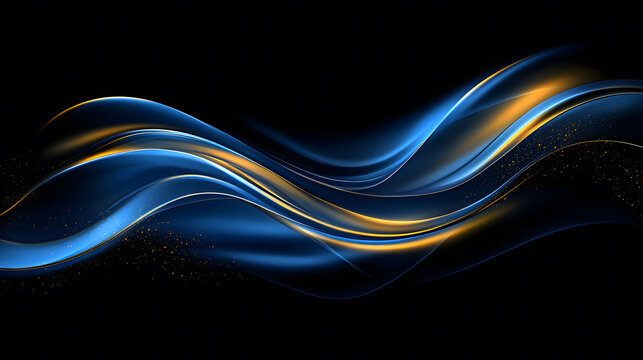 4k Abstract blue wave background flowing wave with gold gradient banner golden ribbon flowing on dark wallpaper digital rendering background image