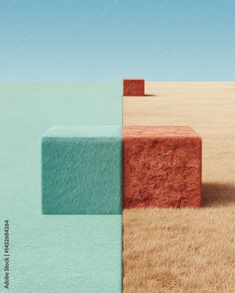 Poster minimalist climate narrative textural geometric cubes visualizing environmental transition - sustain