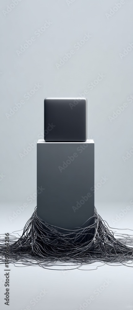 Aufkleber digital detox minimalism sleek black monolith emerging from tangled tech cables - innovative wellnes