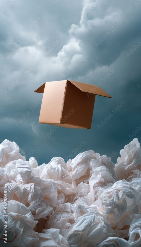 Aufkleber Navigating Career Uncertainty Minimalist Cardboard Box Floating Above Layoff Landscape - Resilient Professional Transition Metaphor in Digital Era