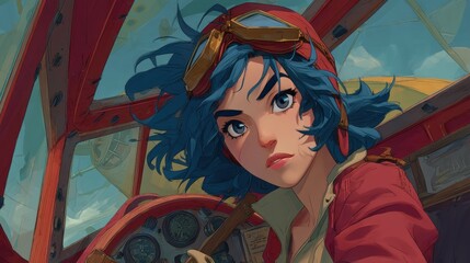 Close-up of a female pilot in a vintage aircraft cockpit.