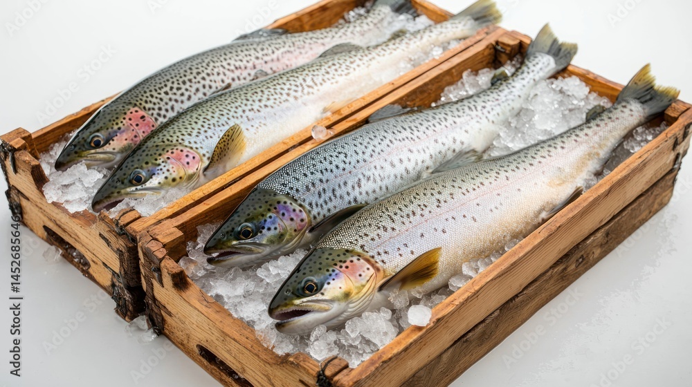 Poster selection of trout fish on ice inside wooden crates on white background.