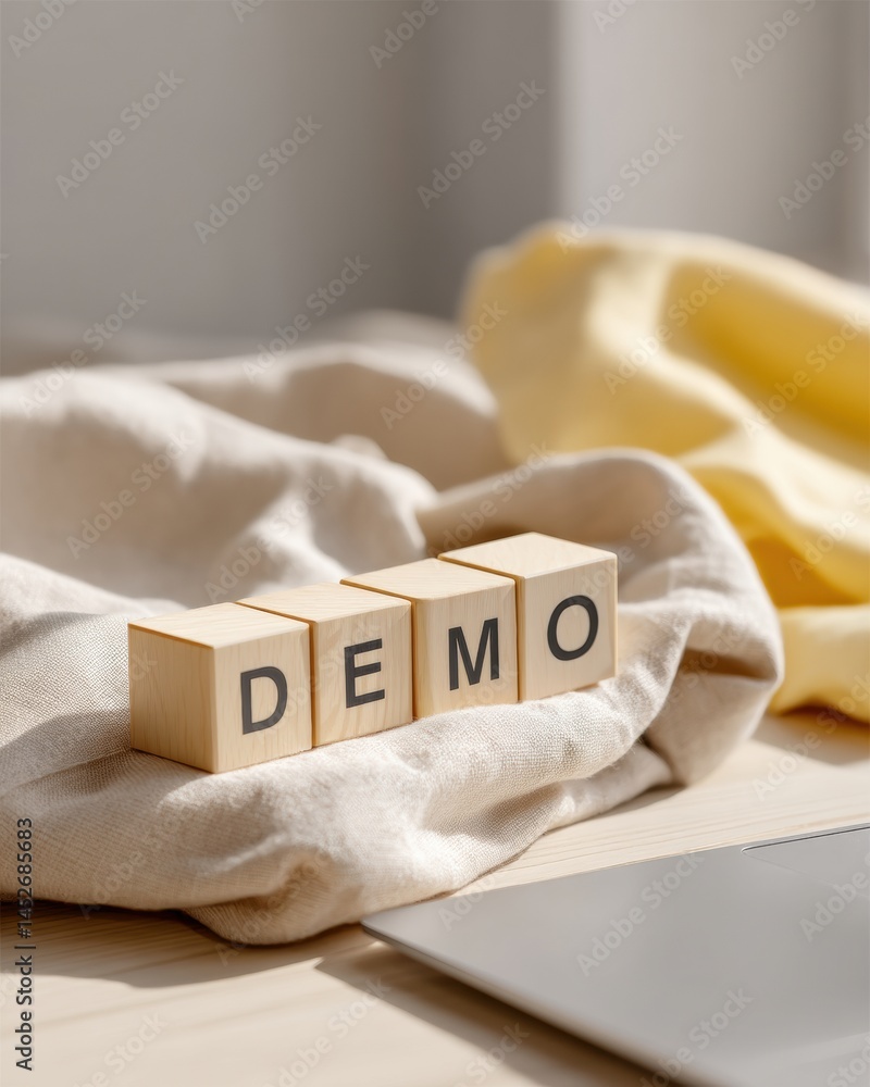 Poster minimalist business innovation wooden block demo concept on soft textile - next-gen professional pre