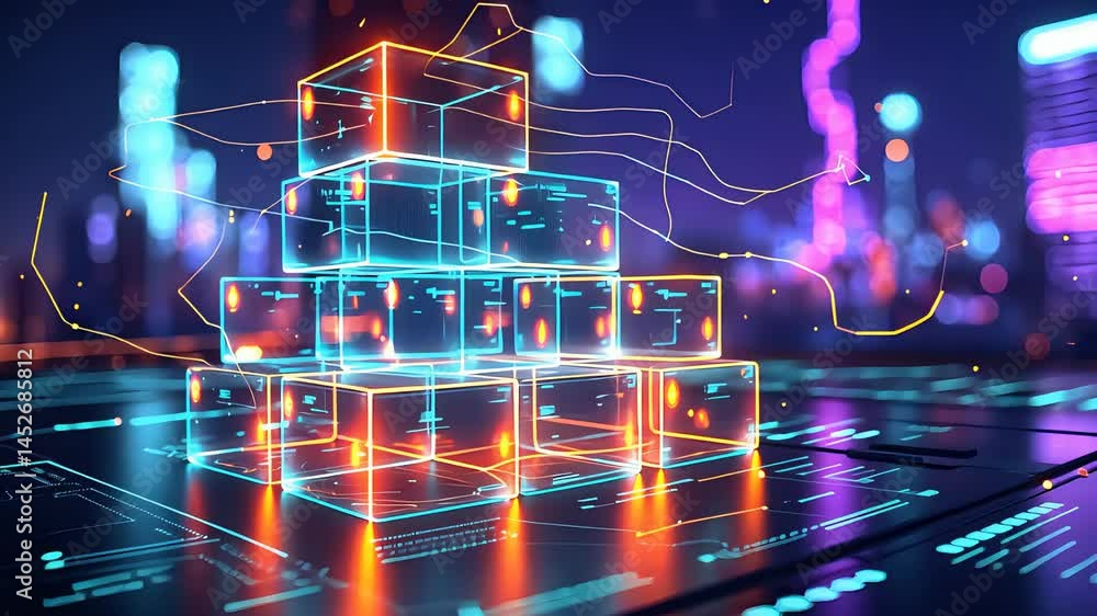 Poster abstract 3d digital blocks illuminated with neon light on a dark reflective surface, representing te
