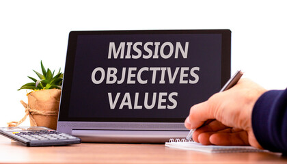 Mission objectives values symbol. Concept words Mission Objectives Values on beautiful black...
