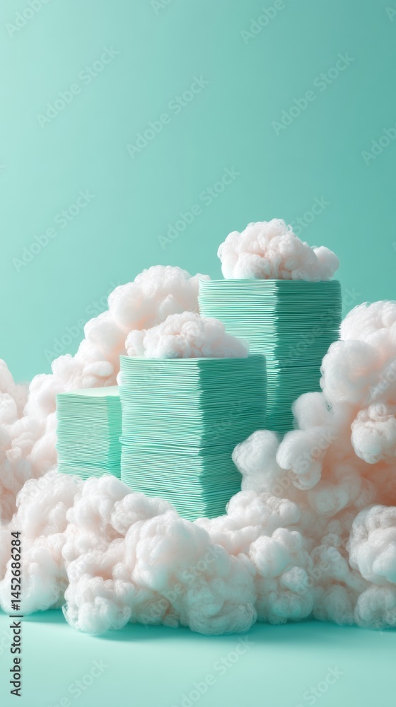 Poster Mindful Workspace Visualization Ethereal Cloud-Paper Transformation in Teal - Stress Reduction and Productivity Optimization for Modern Professionals