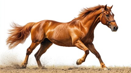Obraz premium Chestnut horse galloping on dirt against white background