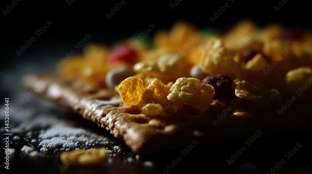Poster a end up of a cracker topped with cereal grass ready for snack time.