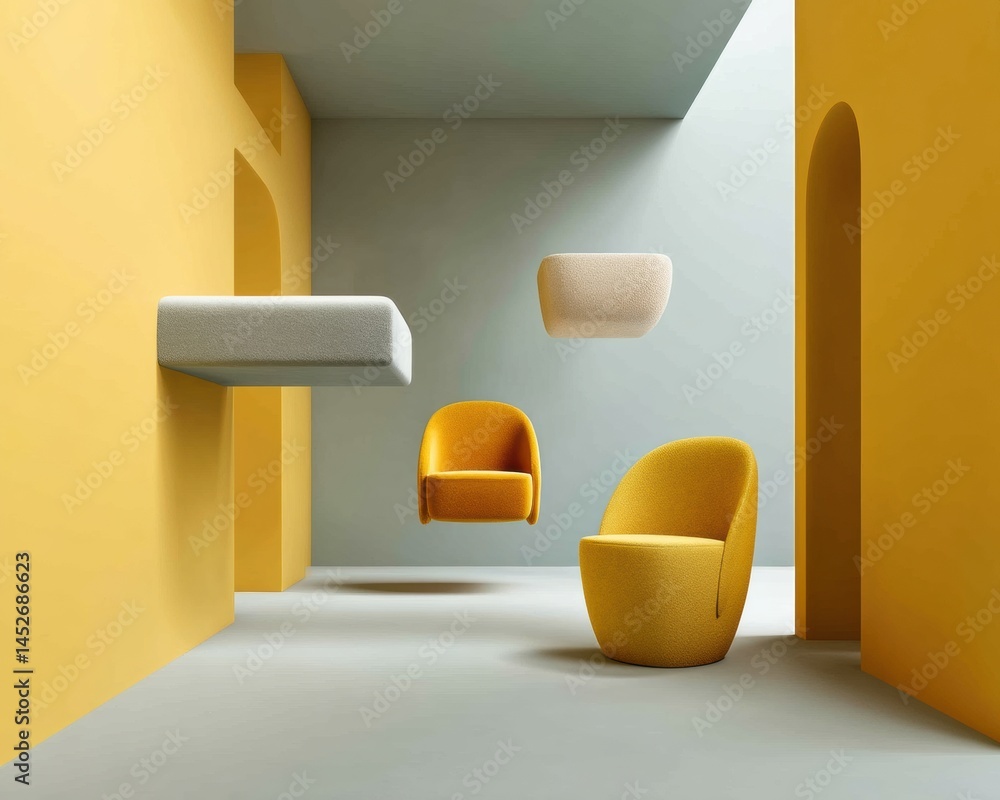Poster minimalist design revolution floating geometric furniture in soft yellow and gray - innovative space