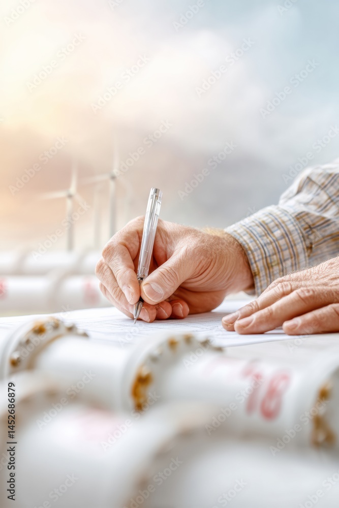 Aufkleber Soft-Focus Professional Planning Mindful Workspace Narrative with Gentle Ergonomic Hand Documenting Strategic Insights in Minimalist Work Environment