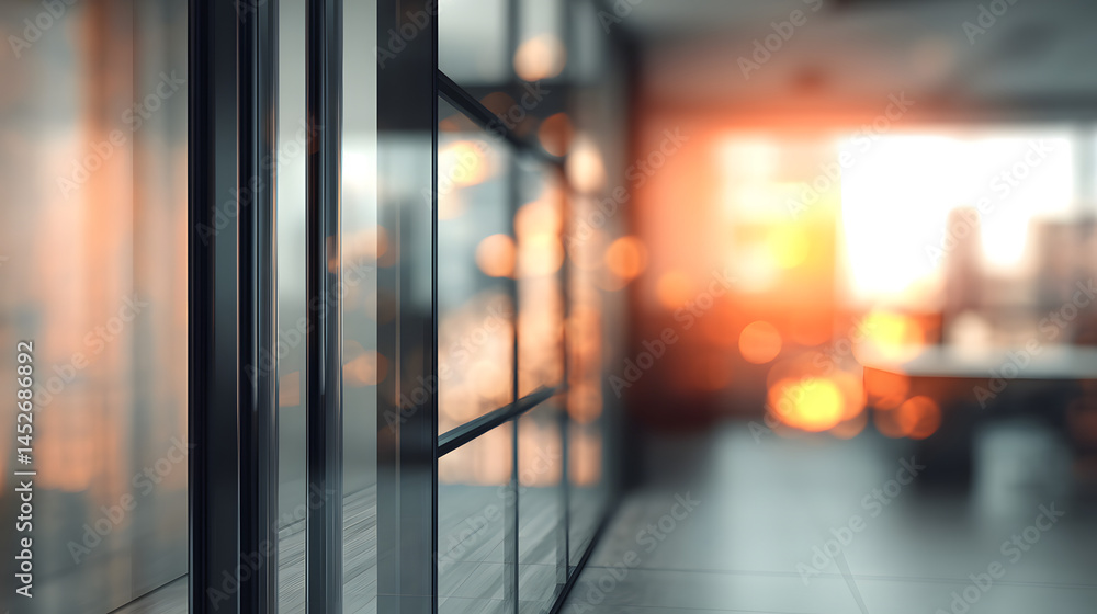 Poster dynamic office environment with blurred background and door modern workspace soft focus perspective