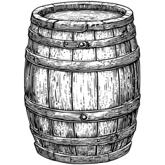 Wooden barrel vector, vintage engraving style, black sketch artwork, old rustic container, traditional cask drawing, aged wood barrel clipart, farmhouse decor element,