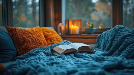 Cozy scene with book pillows blanket candle and window overlooking trees.