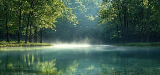 Fototapeta premium Serene Morning Mist over a Tranquil Forest Lake
