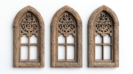 Obraz premium Series of small wooden windows with intricate carvings and aged patina on a white background.