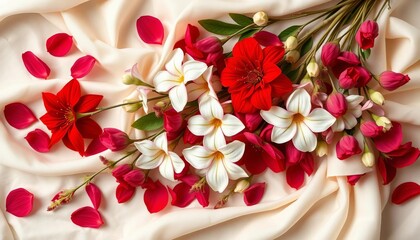 Crimson and white blooms artfully arranged on flowing ivory fabric, showcasing delicate petals and natural textures, gentle, bloom