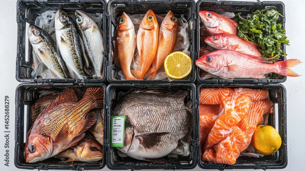 Poster set of assorted fish packed in plastic crates with labels on white background.