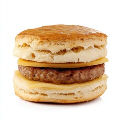 Savory biscuit sandwich with sausage and cheese filling isolated on white background