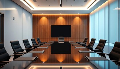 Sleek boardroom, tech startup pitch deck presentation,  table,  technology