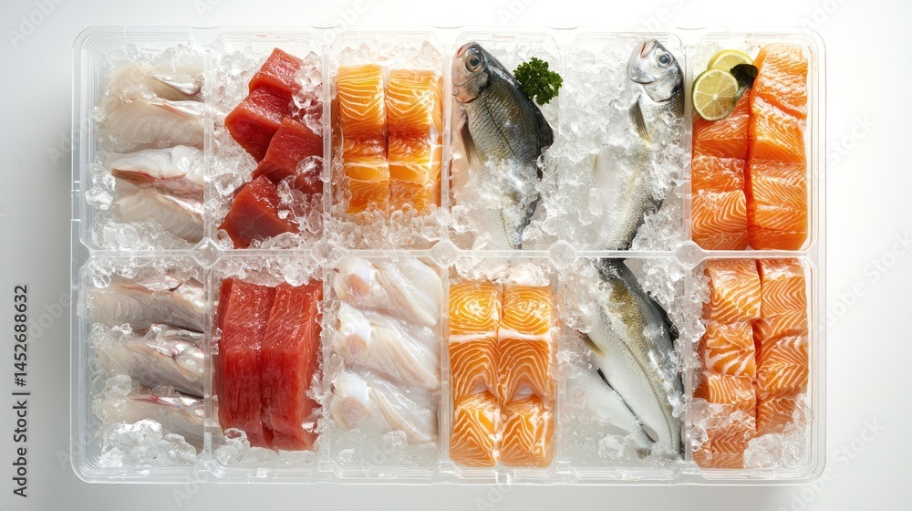 Poster set of assorted fish packed in plastic crates with ice on white background.
